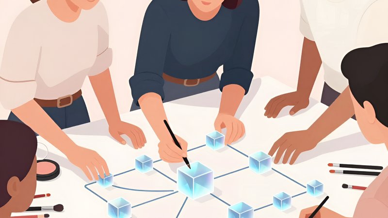 Визажист и стратег проектируют архитектуру бота для бьюти-мастера с помощью светящихся блоков